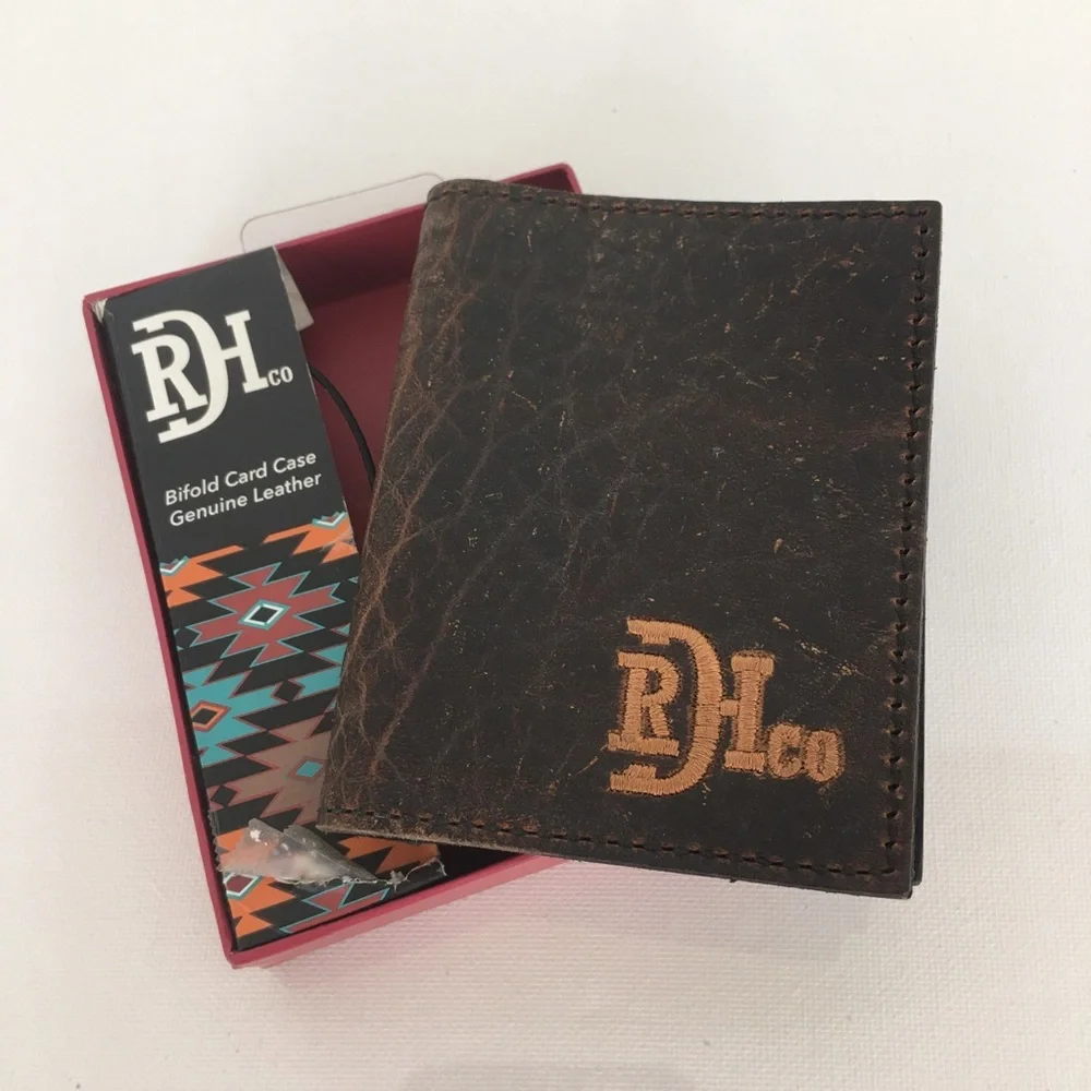 Red Dirt Hat Co Mens Bison Grain Leather Bifold Card Case NEW Brown Wallet NWT